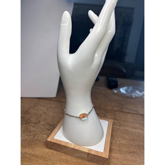 Iridescent Beaded Sterling Silver Bracelet With Oval Glass Accent & Lobster Clas - Picture 8 of 8